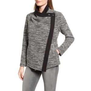 Two by Vince Camuto Gray Marled Asymmetric Button Sweater with Black Trim